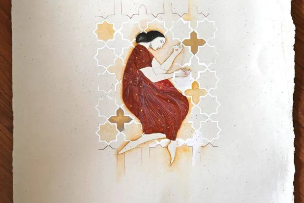 من أعمال الفنانة السعودية سارة العبدلي في معرض «مهد الأسطورة» (حافظ غاليري)