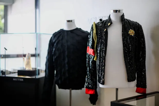 Michael Jackson's black sequined jacket with the markings "002 MJJ 87" and "Proto 2" (1987), is displayed before the auction of a collection dedicated to Michael Jackson at the Aguttes auction house in Neuilly-sur-Seine, near Paris, France, April 23, 2026. REUTERS/Sarah Meyssonnier