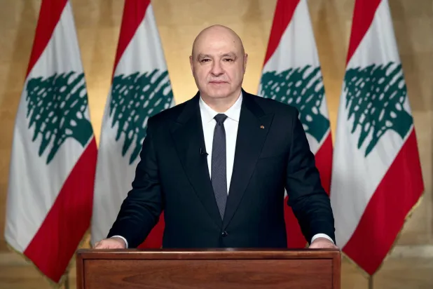 A photograph released by the Lebanese Presidency on April 17, 2026, shows Lebanon's President Joseph Aoun delivering a televised address to the Lebanese people from the Baabda Presidential Palace, east of the capital Beirut.  (Photo by Lebanese Presidency / AFP) 
