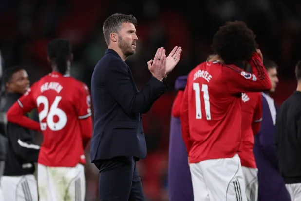 Manchester United interim manager Michael Carrick reacts after the English Premier League match between Manchester United and Brentford FC, in Manchester, Britain, 27 April 2026. (EPA) 