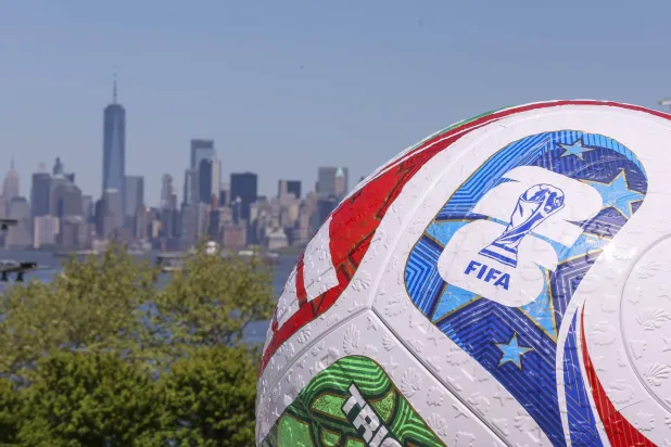 A replica World Cup soccer ball is seen during a press conference in the Staten Island borough of New York, New York, USA, 27 April 2026. EPA/SARAH YENESEL