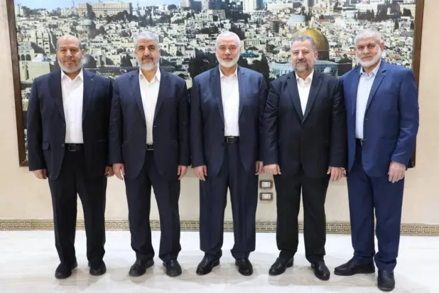 Hamas leaders, from right: Rawhi Mushtaha, Saleh al-Arouri and Ismail Haniyeh, all of whom were assassinated, and Khaled Meshaal and Khalil al-Hayya (file photo, Hamas media)