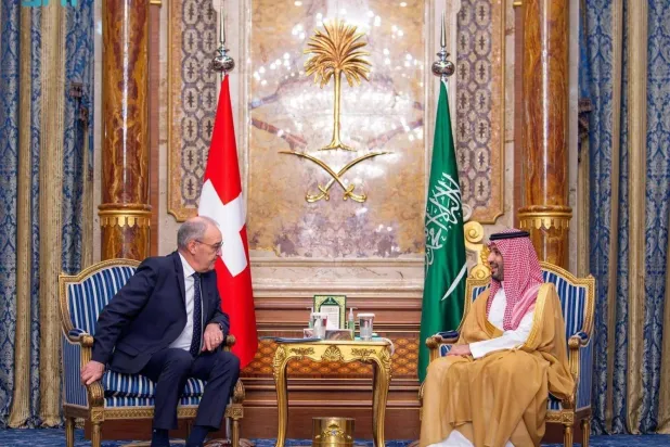 Crown Prince Mohammed bin Salman and Swiss President Guy Parmelin during a bilateral meeting in Jeddah on April 23. SPA