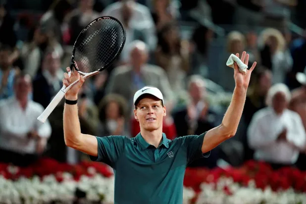 Tennis - Madrid Open - Park Manzanares, Madrid, Spain - April 29, 2026 Italy's Jannik Sinner celebrates winning his quarter final match against Spain's Rafael Jodar REUTERS/Ana Beltran