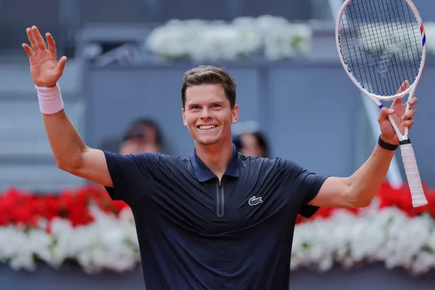 Belgium's Alexander Blockx celebrates beating Norway's Casper Ruud during their 2026 ATP Tour Madrid Open tennis tournament quarter-final singles match at the Caja Magica in Madrid, on April 30, 2026. (Photo by Thomas COEX / AFP)