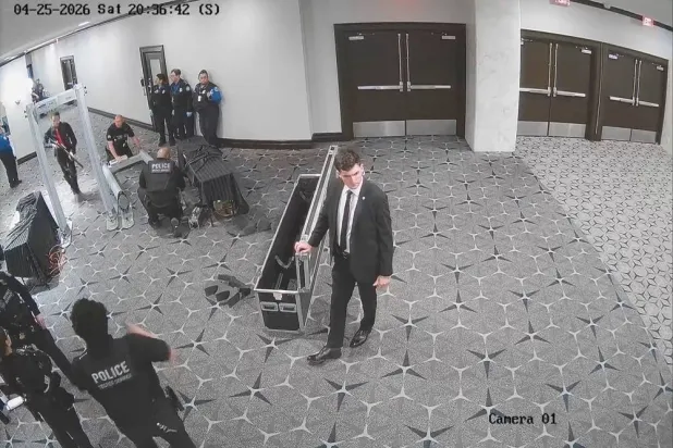 White House Correspondents' Association Dinner shooting suspect Cole Tomas Allen sprints past security personnel in a screengrab form security camera video, at Washington Hilton Hotel, Washington DC, US, April 25, 2026. (US Attorney Jeanine Pirro via X/Handout via Reuters)
