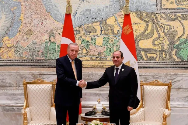 Egyptian Abdel Fattah al-Sisi meets Turkish Recep Tayyip Erdogan on the sidelines of the D-8 Organization for Economic Cooperation summit in Egypt’s New Administrative Capital in December 2024. (Egyptian Presidency) 