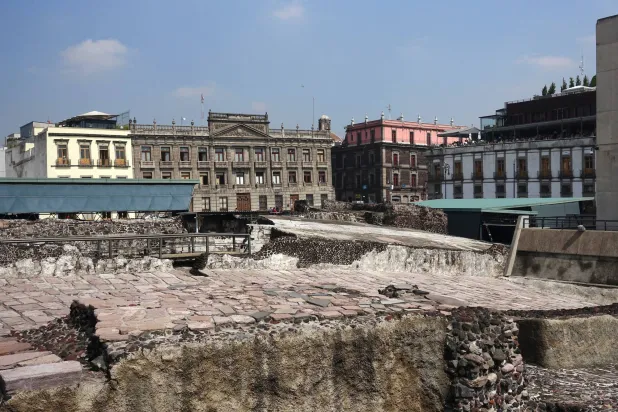 Uneven buildings and grounds at the Templo Mayor shows a city sinking, July 28, 2016, in Mexico City. (AP Photo/Ross D. Franklin)