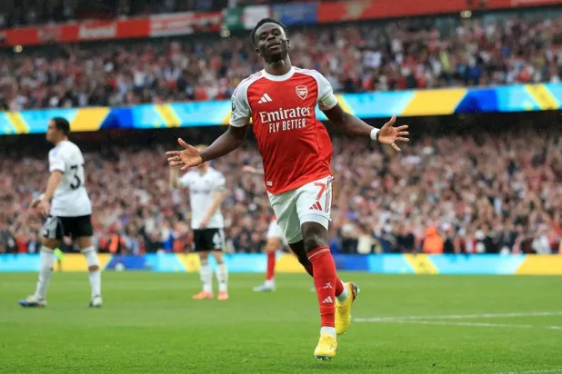Football - Premier League - Arsenal v Fulham - Emirates Stadium, London, Britain - May 2, 2026 Arsenal's Bukayo Saka celebrates scoring their second goal. (Action Images via Reuters)