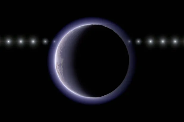 This undated handout artist's impression released on May 4, 2026 shows the trans-Neptunian object (612533) 2002 XV93 occulting a background star as observations of a stellar occultation in January 2024 revealed gradual fading and recovery of the starlight, providing evidence for a very thin atmosphere around the object. (Handout / National Astronomical Observatory of Japan/Ko Arimatsu / AFP) 