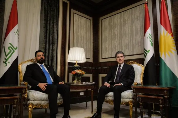 President of the Kurdistan Region in Iraq Nechirvan Barzani and PM-designate Ali al-Zaidi meet in Erbil last week. (Barzani on X)