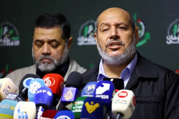 FILE PHOTO: Hamas officials, Khalil Al-Hayya and Osama Hamdan, attend a press conference in Beirut, Lebanon, November 21, 2023. REUTERS/Esa Alexander/File Photo