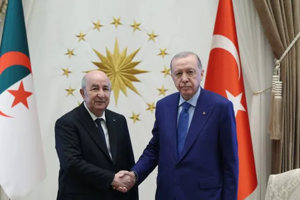 الرئيس التركي رجب طيب إردوغان خلال استقبال نظيره الجزائري عبد المجيد تبون في أنقرة الخميس (الرئاسة التركية)
