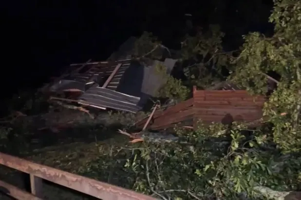 In this frame grab from video taken by WDAM, damaged trees and a house or structure following a storm that tore through part of Lamar County, Mississippi, Wednesday, May 6, 2026. (WDAM via AP)