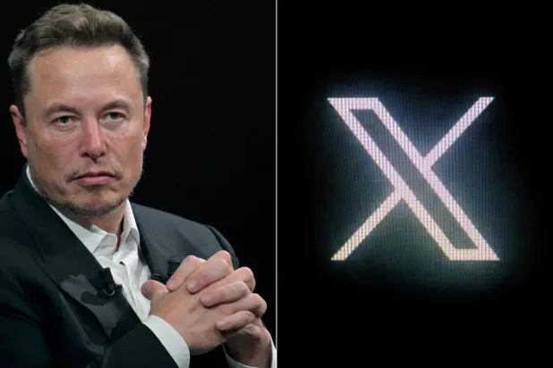 SpaceX, Twitter and electric car maker Tesla CEO Elon Musk during his visit at the Vivatech technology startups and innovation fair at the Porte de Versailles exhibition center in Paris on June 16, 2023 and (R) the new Twitter logo rebranded as X, pictured on a screen in Paris on July 24, 2023. (Photo by Alain JOCARD / AFP)