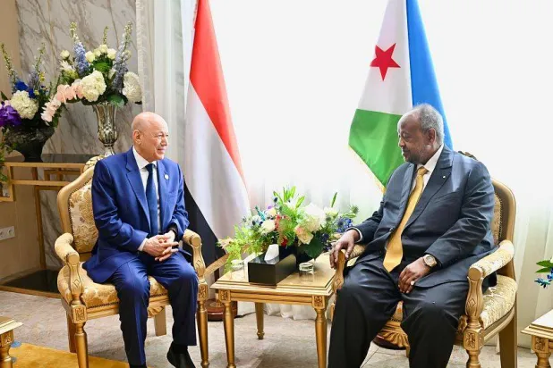 العليمي خلال مباحثاته مع الرئيس الجيبوتي إسماعيل عمر جيله في جيبوتي (إعلام حكومي)