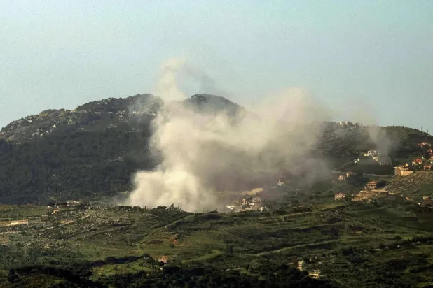 Smoke rises from Israeli bombardment on the outskirts of the village of el-Qatrani as seen from nearby Marjayoun (Marjeyoun) in southern Lebanon on May 11, 2026.. (Photo by AFP)