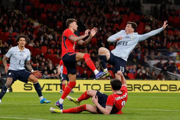  International Friendly - England v Uruguay - Wembley Stadium, London, Britain - March 27, 2026 England's Ben White concedes a penalty against Uruguay's Federico Vinas Action Images via Reuters/Andrew Couldridge 