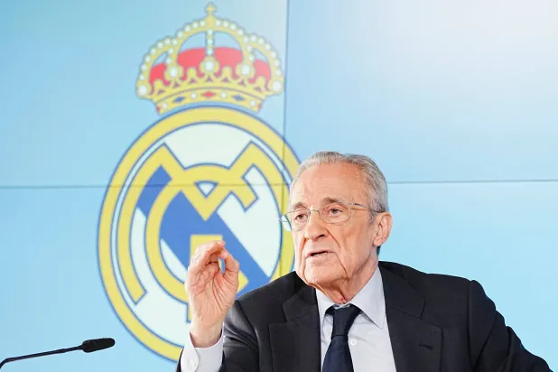 رئيس نادي ريال مدريد الإسباني فلورنتينو بيريز في مؤتمر صحافي ناري (أ.ب)