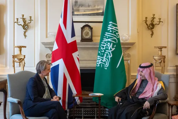 Saudi Foreign Minister Prince Faisal bin Farhan during his meeting with his British counterpart, Yvette Cooper in London on Tuesday (SPA)