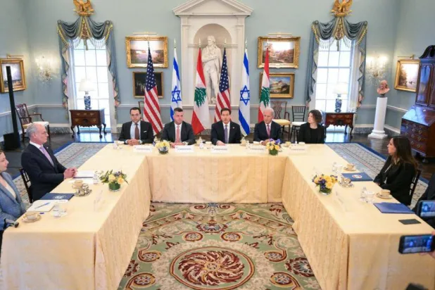 US Secretary of State Marco Rubio (C) speaks during a meeting with Lebanon's Ambassador to the US Nada Hamadeh Moawad (2R) and Israeli Ambassador to the US Yechiel Leiter (2L) at the State Department in Washington, DC, on April 14, 2026. AFP, Oliver Contreras
