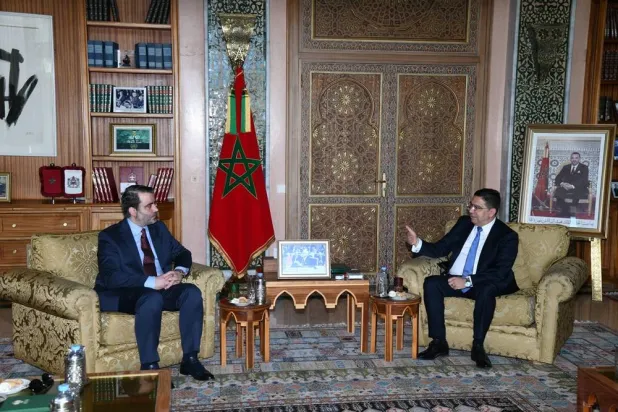 Moroccan Foreign Minister Nasser Bourita (R) meets with Syrian Foreign Minister Asaad al-Shaibani (L) in Rabat, Morocco, 14 May 2026. (EPA) 