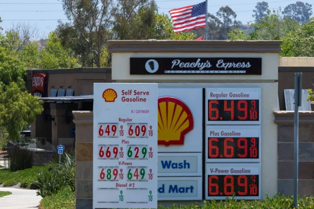 The current price of gasoline is shown at a gas station in Encinitas, California, US, May 11, 2026.  REUTERS/Mike Blake
