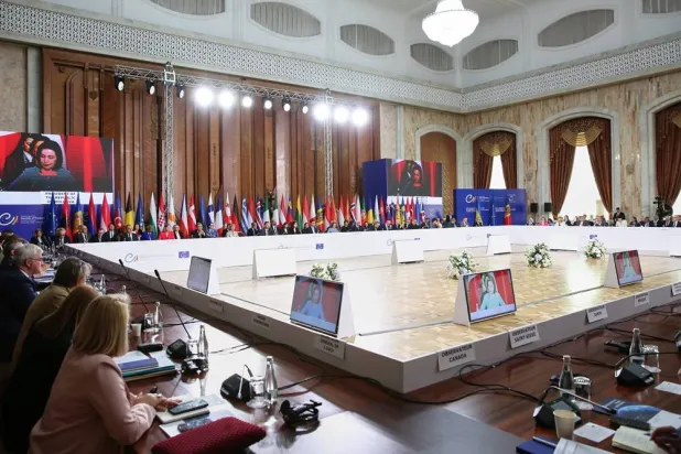 Participants attend the opening session of the 135th Ministerial Session of the Committee of Ministers of the Council of Europe in Chisinau, Moldova, Friday, May 15, 2026. (AP)
