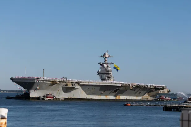 Aircraft carrier USS Gerald R. Ford arrives at Naval Station Norfolk on May 16, 2026 in Norfolk, Virginia. (Getty Images/AFP)