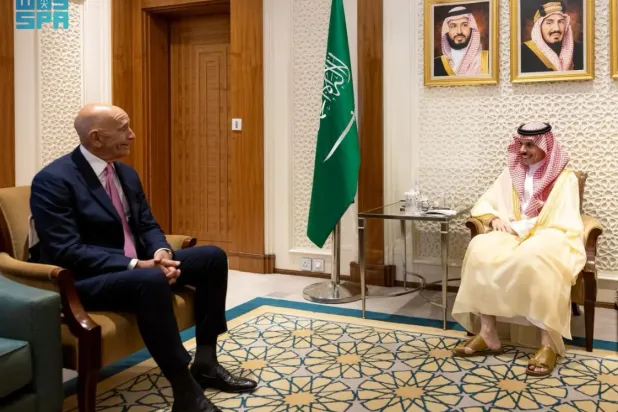 Saudi Minister of Foreign Affairs Prince Faisal bin Farhan bin Abdullah and US Special Envoy for Syria Tom Barrack - SPA
