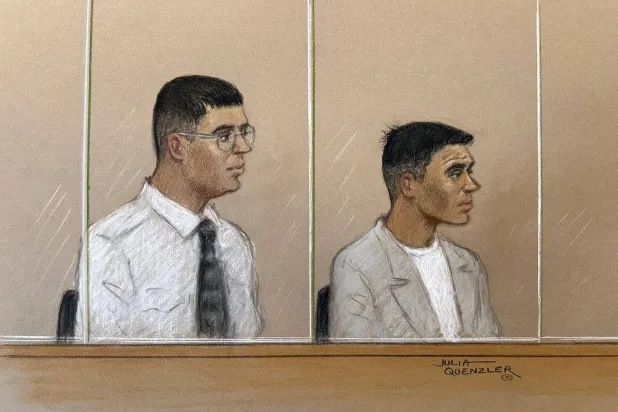 Nandito Badea and George Stana, two Romanian men accused of stabbing the Iran International journalist Pouria Zeraati near his home in Wimbledon in March 2024, appear at Woolwich Crown Court in London, Britain, May 18, 2026, in a courtroom sketch. (Reuters)