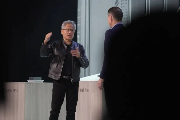  CEO of Nvidia Jensen Huang speaking on stage at a Dell Technologies World event happening in Las Vegas on Monday, May 18, 2026. (AP) 