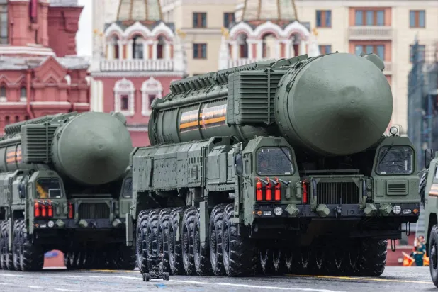 Russian Yars RS-24 intercontinental ballistic missile systems move through Red Square during the Victory Day military parade in Moscow, Russia on May 9, 2021. (AFP)