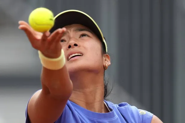  Philippines' Alexandra Eala serves a ball to Kazakhstan's Elena Rybakina, during their match at the Italian Open tennis tournament in Rome, Sunday, May 10, 2026. (AP) 