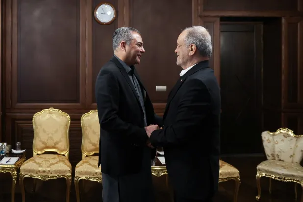 Iranian President Masoud Pezeshkian meets with Pakistan's Interior Minister Mohsin Naqvi, in Tehran, Iran, May 17, 2026. Iran's Presidential website/WANA (West Asia News Agency)/Handout via REUTERS 