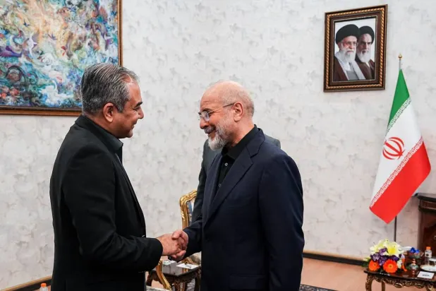 وزير الداخلية الباكستاني محسن نقوي يلتقي رئيس البرلمان وكبير المفاوضين مع الولايات المتحدة محمد باقر قاليباف في طهران الأحد (موقع البرلمان)