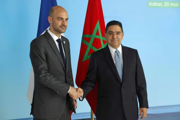 France's Foreign Affairs Minister Jean-Noel Barrot (L) is received by Morocco's Minister of Foreign Affairs Nasser Bourita (R) in Rabat on May 20, 2026. (AFP)