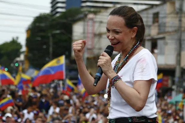 Venezuelan opposition leader and 2025 Nobel Peace Prize laureate Maria Corina Machado delivers a speech on Cuba Avenue in Panama City, Panama, 23 May 2026. (EPA)