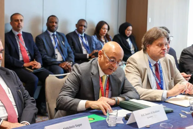 Secretary General of the Gulf Cooperation Council (GCC) Jasem Mohamed Albudaiwi speaks at the panel in Prague on Saturday. (GCC)