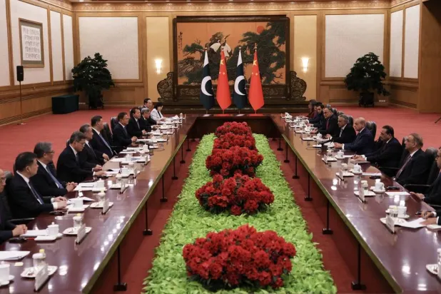 Chinese President Xi Jinping (6-L) and Pakistan's Prime Minister Shehbaz Sharif (4-R) attend a meeting at the Great Hall of the People in Beijing, China, 25 May 2026. (Pool/EPA)
