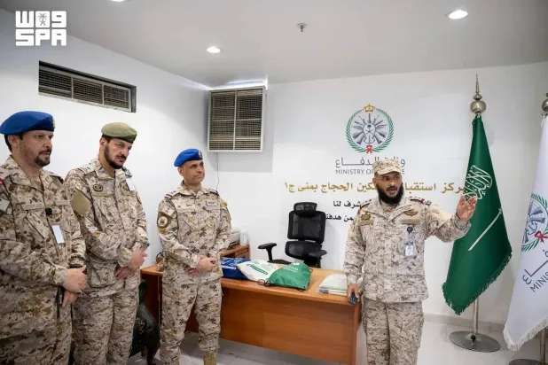 Director of the Joint Chiefs of Staff of the Armed Forces Major General Pilot Hamid Al-Omari and other officials are seen during his inspection tour. (SPA)