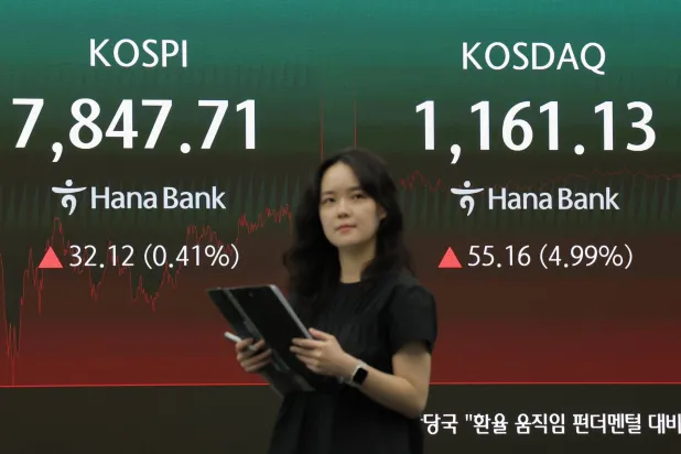 شاشة بيانات مالية في غرفة تداول بنك هانا تظهر مؤشر أسعار الأسهم الكوري المركب «كوسبي» (إ.ب.أ)