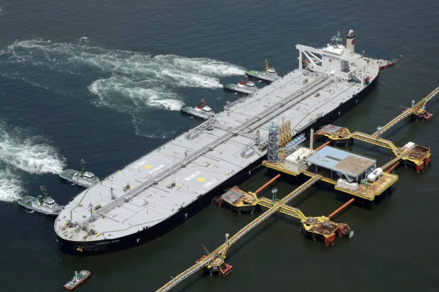 A giant crude oil tanker carrying two million barrels of Saudi oil arrives at a refinery off Chita, Japan, May 25, 2026 (Reuters)