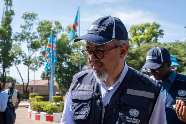 World Health Organization (WHO) Director-General Tedros Adhanom Ghebreyesus arrives in Bunia, in the eastern Democratic Republic of the Congo, on May 30, 2026. (AFP) 