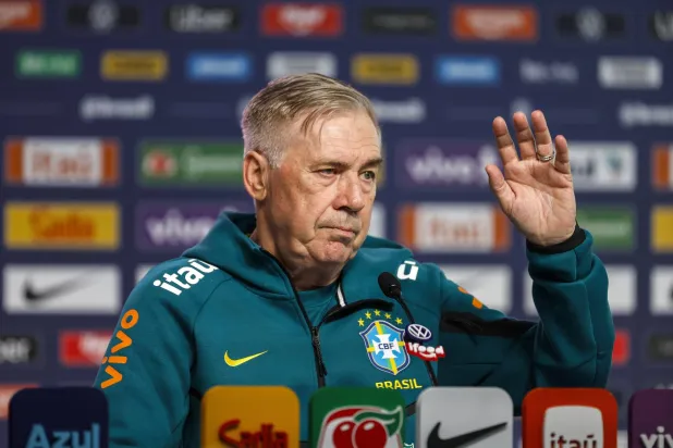 Brazilian national soccer team coach Carlo Ancelotti speaks at a press conference at Granja Comary in Teresopolis, Brazil, 30 May 2026.  EPA/Antonio Lacerda