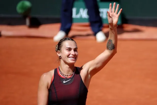 Aryna Sabalenka of Belarus celebrates winning her Women's 3rd round match against Daria Kasatkina of Australia at the French Open Grand Slam tennis tournament at Roland Garros in Paris, France, 30 May 2026. (EPA)