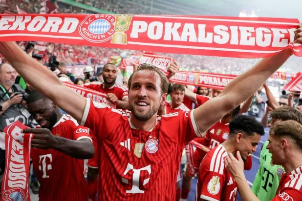 Harry Kane of Munich celebrates after winning the German DFB Cup final soccer match between Bayern Munich and VfB Stuttgart in Berlin, Germany, 23 May 2026. (EPA)