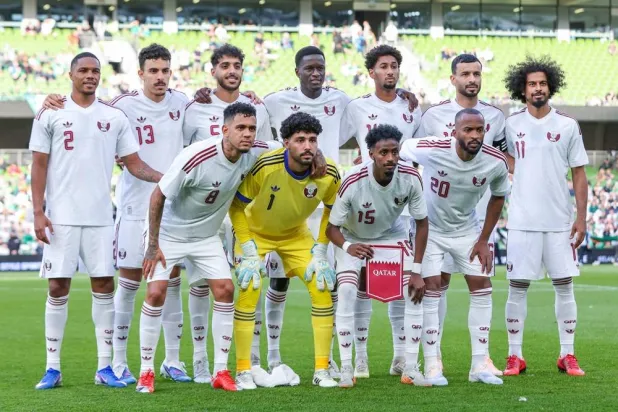 Qatar’s national team poses for a team photo before the international friendly football match between the Republic of Ireland and Qatar, at the Aviva Stadium in Dublin, Ireland on May 28, 2026. (AFP) 
