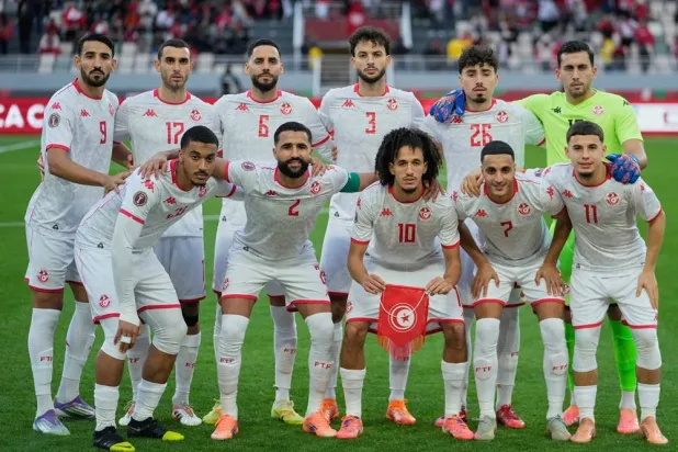 Tunisia players pose for a team photo before the Africa Cup of Nations group C soccer match between Tanzania and Tunisia in Rabat, Morocco, Tuesday, Dec. 30, 2025. (AP) 