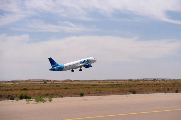 A Jazeera Airways Airbus A320neo takes off from Damascus International Airport, as regional airlines resume their flights to Syria after a hiatus because of the war, in Damascus, Syria, May 31, 2026. Syria's General Authority of Civil Aviation/Handout via REUTERS  